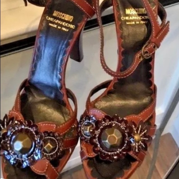 MOSCHINO BROWN JEWELED ANKLE STRAP 7.5 SANDAL AUTHENTIC - Picture 9 of 9